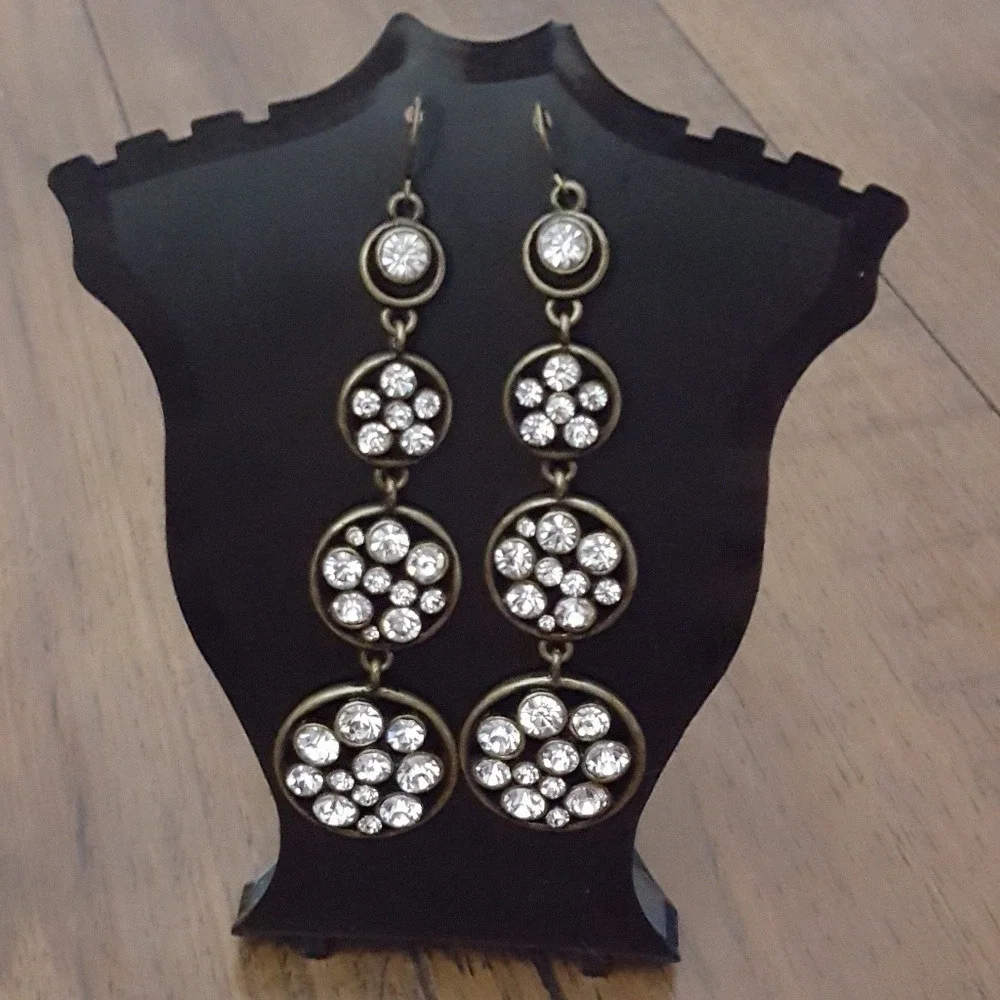 Antique Brass Tiered‎ Rhinestone Circle Drop Earrings Dangle Y2K